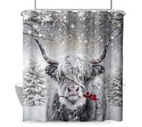 Dacawin Highland Cow Shower Curtain Winter Rustic Bull Portrait Snowflake Christmas Trees Gray Shower Curtains for Bathroom 72 x72 Inch Xmas Berry Western Country Cattle Restroom Set with 12 Hooks