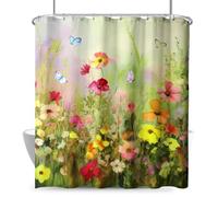 Dacawin Spring Floral Shower Curtain for Bathroom Watercolor Green Flowers Shower Curtain Set with Hooks Summer Butterfly Rustic Colors Meadow Branches Cloth Fabric Bathroom Decor Set 72x72 Inch