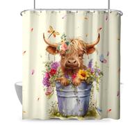 Dacawin Spring Highland Cow Shower Curtain Watercolor Daisy Butterfly Funny Western Cattle Farm Animal Shower Curtains for Summer Bathroom Rustic Cute Calf Country Bull Curtain for Bathtub 72x72 Inch