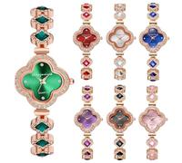 Dacdyi 7 Pcs Set Stylish Gold Women's Watches, Four - Leaf Clover Dial with Crystals & Gemstones, Elegant Bracelet Quartz Watch for Ladies, Colorful Fashion Wristwatch Wholesale