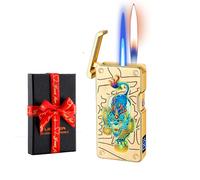 Dachance Luxury Gas Butane Lighter Mother of Pearl Inlay 5 Ignition Modes :Blow, Shake, Voice, Tap, Button, Blue Jet Flame windproof, Digital Fuel & Usage Display, Refillable, Men Gift (Fortune Lion)