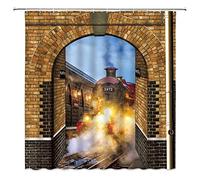 dachengxing Vintage Train Shower Curtain Magic Platform 9 and 3/4 Decor Steam Engine Secret Passage of King's Cross Railway Station,Fabric Bathroom Set Hooks Included 70x70 Inch,Brown Yellow
