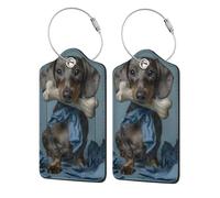(Dachshund and Bone) 2 Pack Luggage Tags for Suitcases Leather Bag Tags Privacy Cover Id Card Label with Steel Loop for Travel Bag