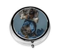 (Dachshund and Bone) Round Pill Box with 3 Compartments Small Portable Pill Organizer for Travel