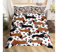 Dachshund Bedding Set for Girls Boys Kids Sausage Dog Comforter Cover Lovely Red Love Hearts Animal Paw Pattern Duvet Cover Room Decor Cute Pet Dog Bedspread Cover Double Bedding Collection 2Pcs