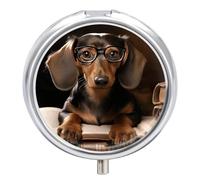 Dachshund Book Round Pill Box Cute Small Fish Oil Cases Portable 3 Compartment Pill Boxes Round Pill Case with Mirror for Vitamins Medication Supplements Gift