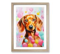 Dachshund Bubble Gum Painting No.2 Framed Print | A2 Oak Framed Wall Art | Ready to Hang | Modern Animal Picture | Living Room Bedroom Lounge Office
