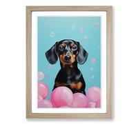 Dachshund Bubble Gum Painting No.4 Framed Print | A2 Oak Framed Wall Art | Ready to Hang | Modern Animal Picture | Living Room Bedroom Lounge Office