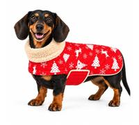 Dachshund Coat Sausage dogs coat Soft Fleece Lining with Harness Hole | Dachshund Jumper for dog Dachshund Coat Adjustable Hook-and-Loop,Waterproof Dog Jacket High Neckine String-Christmas Red-L