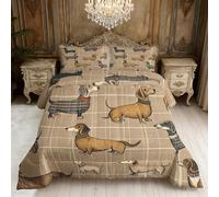 Dachshund Coverless Duvet Double, Plaid Sausage Dog Reversible Comforter Set 3 Pcs, 2 Pillowcases, Bedroom Decor, 10.5 Tog Soft Lightweight Warm All Seasons BZ-US1151