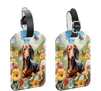 Dachshund Daisy Butterflies Luggage Tags for Suitcases, PU Leather Name ID Labels Suitcase Tag 2 Pcs