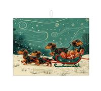 Dachshund Dish Drying Mats for Kitchen Counter, Vintage Dog Sleigh Absorbent Drainer Rack Mat, Winter Microfiber Drying Pad for Coffee Bar Protector 18x24 Inch
