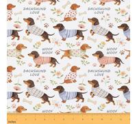 Dachshund Dog Fabric by The Yard,Lovely Puppy Dog Pet Animal Soft Polyester Fabric,Pet Animal Flowers No Stretch Fabrics Kids Girls Sewing Lovers,Brown White Fabrics 2 Yard Bolt,72" L x 59" W