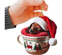 Dachshund Dog Hanging Ornaments, 3.15 Inch Cute Dog Sleep in Mug Hanging Ornaments for Christmas Tree, Funny Dogs Acrylic Dachshund Themed Pendants with Rope, for Holiday Xmas Party Gift (#G)