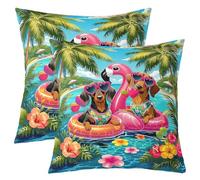 Dachshund Dog Kids Throw Pillow Cover,Coconut Tree Palm Leaf Tropical Coastal Double Sides Pillow Case,Ocean Seaside Hawaii Flamingo Beach Home Decor,Sea Bed Couch Sofa Cushion Cover,2 Pack 20"x20"