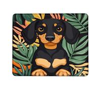 Dachshund Dog Mouse Pad, Black Tan Animal Design with Tropical Green Leaves, Cute Animal Style Mousepad for Home and Office, Non-Slip Surface Square 8x10 Inch