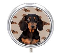 Dachshund Dog Pill Box 3 Compartment Waterproof Pill Container with Mirror Metal Medicine Box Organizer Portable Vitamin Case for Pocket & Purse Travel - Round