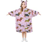 Dachshund Dog Pink Kids Wearable Blanket Hoodie Soft Flannel Dressing Gown with Ears & Pockets Warm Sleepwear for Toddler Boys Girls