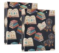 Dachshund Dog Reading Books Print 1.5 Inch 3 Ring Binder, D Ring Binder with Clipboard Large 3 Binders for School, College, Office (2 Pack)