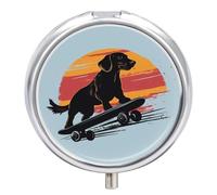 Dachshund Dog Skateboard Vintage Pill Box Cute Metal Round Pill Case with 3 Compartments and Mirror for Vitamin Fish Oils