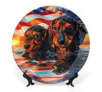 Dachshund Dogs U.S. Flag Bone China Decorative Plate Ceramic Plates Wall Decor with Display Stand 6inch