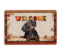 Dachshund Door Mat Black Tan Dachshund Welcome Fall Autumn Pumpkin Spice Maple Leaf Welcome Non-Slip Mats Funny Doormat Bathroom Kitchen Front Porch Rugs Entrance 16 * 24in/40 * 60cm