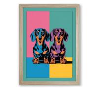 Dachshund Duet Pop Art Framed Wall Art Print A2 (59.4×42cm) Oak, Wall Decor for Living Room, Bedroom, Office & Home, Ready to Hang, Art Gift