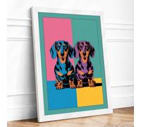 Dachshund Duet Pop Art Framed Wall Art Print A4 (29.7×21cm) White, Wall Decor for Living Room, Bedroom, Office & Home, Ready to Hang, Art Gift