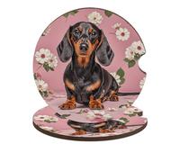 Dachshund Florals Car Coasters for Cup Holder Wood Absorbent Cup Coaster 2.6 Inch Universal Non Slip Cork Base Drink Coaster Auto Interior Accessories for Women Men 2PCS