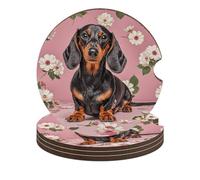 Dachshund Florals Car Coasters for Cup Holder Wood Absorbent Cup Coaster 2.6 Inch Universal Non Slip Cork Base Drink Coaster Auto Interior Accessories for Women Men 4PCS