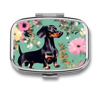 Dachshund Florals Pill Box - 2 Compartment Travel Pill Organizer with Small Mirror, Portable Pillcase for Pocket & Purse, Cute Square Medicine Case, Weekly Medicine Container