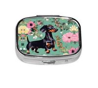 Dachshund Florals Print Square Metal Pill Box Decorative Pill Case - Carry Your Meds in Style (Rectangular)