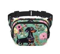 Dachshund Florals Print Unisex Square Double Layer Waist Bag, Multi-Pocket for Sports Travel Daily Use