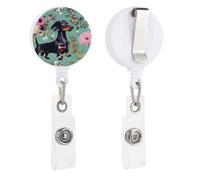 Dachshund Florals Retractable Badge Reel - Personalized ID Name Badge Holder with Lanyard Cute Badges Reel Holder Round Nurse Doctor Name Tag Badges Clip for Work