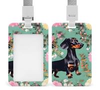 Dachshund Florals Retractable ID Badge Holder with Lanyard - Vertical Badge Reel,Keychain Clip,Name Tag Id Card Holder Protector for Nurse Officer Teacher Security Staff Women Men