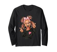 Dachshund Girl Winking Double Peace Sign Pop Graphic Playful Long Sleeve T-Shirt