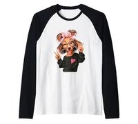 Dachshund Girl Winking Double Peace Sign Pop Graphic Playful Raglan Baseball Tee