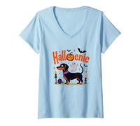 Dachshund Halloween Halloweenie Spooky Pup Party V-Neck T-Shirt, Women, Baby Blue, XXL