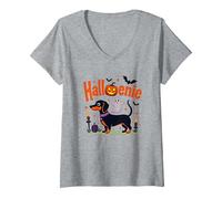 Dachshund Halloween Halloweenie Spooky Pup Party V-Neck T-Shirt, Women, Heather Grey, XXL