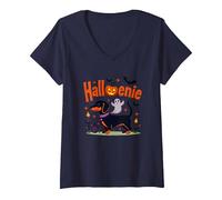 Dachshund Halloween Halloweenie Spooky Pup Party V-Neck T-Shirt, Women, Navy, XXL