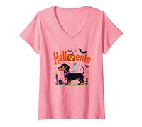 Dachshund Halloween Halloweenie Spooky Pup Party V-Neck T-Shirt, Women, Pink, XXL