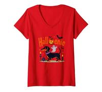 Dachshund Halloween Halloweenie Spooky Pup Party V-Neck T-Shirt, Women, Red, XXL