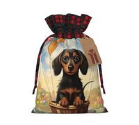 dachshund hot air balloon Christmas Gift Bags with Tags & Ribbon Ties, Xmas Drawstring Candy Treat Bag Buffalo Plaid Christmas Gifts Sacks Reusable Gift Wrapping Bags for Holiday Party Favors Medium