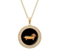 Dachshund Hot Dog Fashion Necklace Chain Round Graphic Pendant with Diamond Jewellery Golden-style