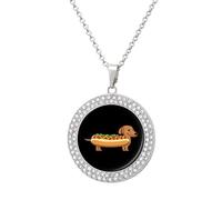 Dachshund Hot Dog Fashion Necklace Chain Round Graphic Pendant with Diamond Jewellery Silver-style