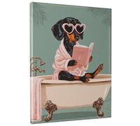 Dachshund in Bathtub Canvas Wall Art, Peach Black Dog Reading 'Luxury Living' Poster Prints, Fun Dog Themed Home Aesthetic Decor For Living Room, Bedroom, Bathroom, Wrapped Canvas 12x16 Inch