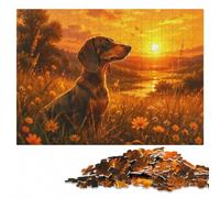 Dachshund in Golden Hour Grass - Cozy Sunset Dog Adult Wooden Jigsaw Puzzle | Birthday gift for jigsaw fans with indoor weekend activity in spare time.