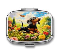 Dachshund in The Flower Bushes Pill Box 2-Compartment Portable Pill Case Square Metal Medication Organizer Small Weekly Medication Case with Mirror Stylish Vitamin Holder for Purse Pocket Travel