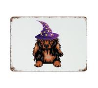 Dachshund Long Hair Metal Tin Sign 10x14 Inch Country Laundry Patio Entryway Wall Decorations Aluminum Tin Signs Small Dogs Cats Pet with Wizard Hat Wall Art Plaques for House