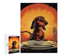 Dachshund Looking at Plate Jigsaw Puzzles Wooden Puzzle Personalized Picture Puzzle 500 PCS Family Decoration Puzzles for Adults Challenging Puzzle Family Wedding Graduation Present